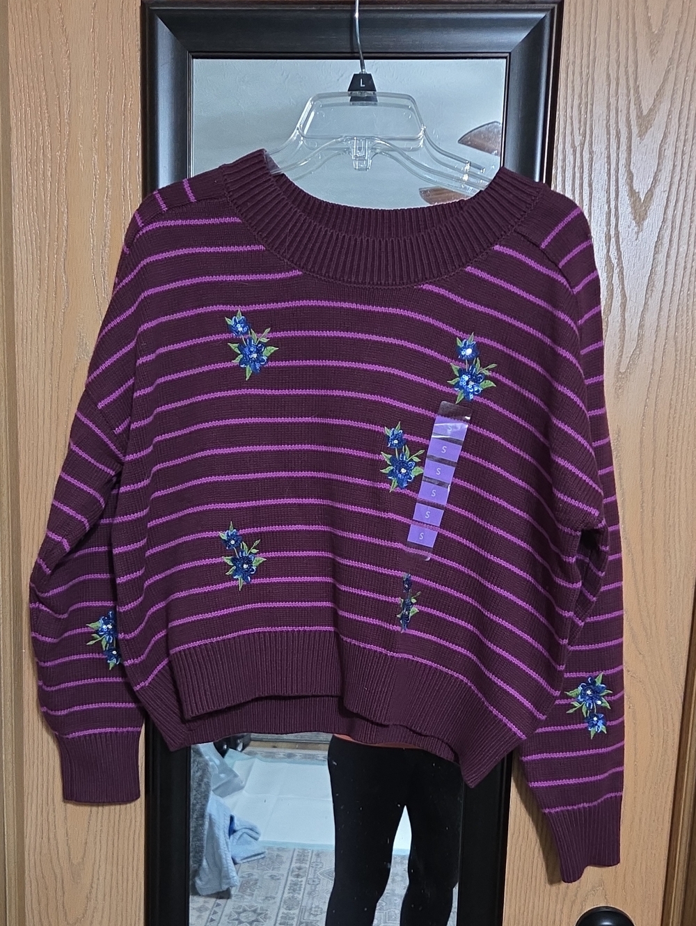 Joseph A Plum Striped Crewneck Sweater with Floral Embroidery